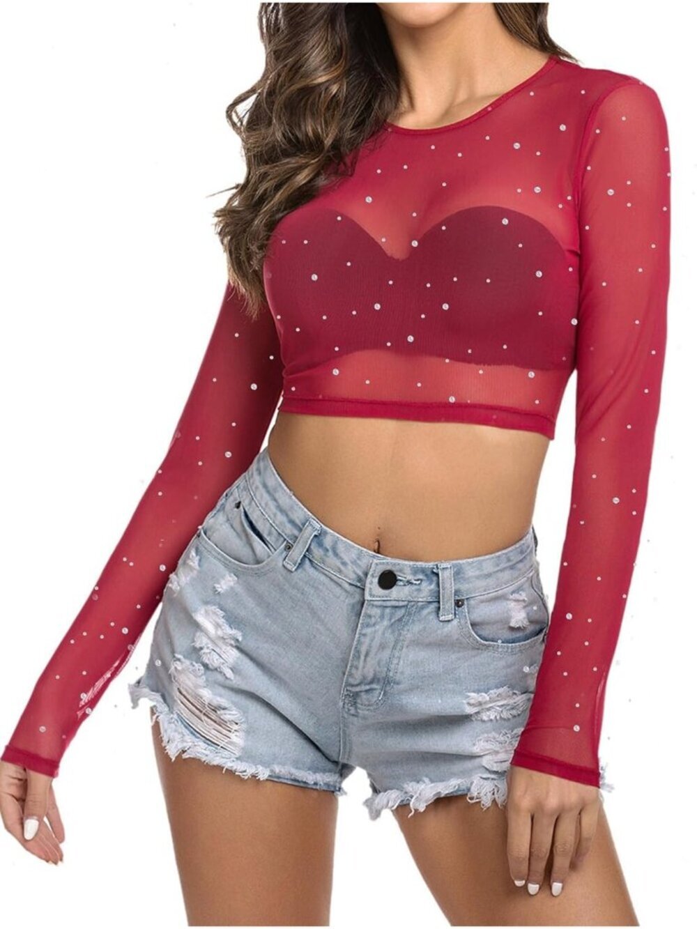 Women's Z Wine Red Sexy Crop Top Mesh Long Sleeve See Through Clubwear Sheer